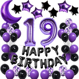 NANINUNENO 19th Birthday Decorations Set for Girl Women Boy Men, Purple Black 19 Happy Birthday Balloons Supplies with Purple Number Balloons 19 Happy Birthday Banner