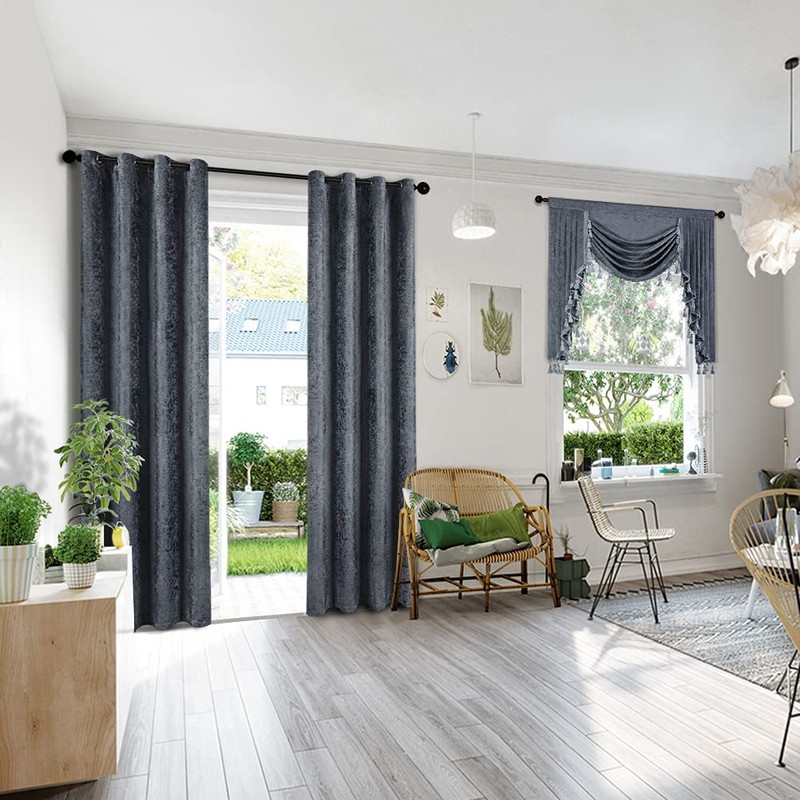 ELKCA Grey Chenille Curtains Valance for Living Room Window Waterfall