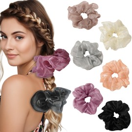 Oversized Chiffon Scrunchies for Women, Shiny Cooling Fabric, Extra Large 7.9 Inch Big Hair Scrunchies, Jumbo No Damage Hair Ties, Lightweight Giant Hair Tie (6 Pack)