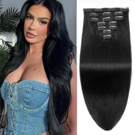 Clip in Hair Extensions Real Human Hair Jet Black Clip ins 16 Inch 7pcs 115g Human Hair Clip in Extensions Straight Hair Extensions Double Weft Human Hair Extensions For Women