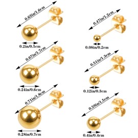 Xindojuz 12 Pairs Gold Ball Earrings, Stainless Steel Stud Earrings for Women & Men Different Sizes Tiny Stud Earring Set Gold Plated Surgical Steel Flat Back Earring (2/3/4/5/6/7mm)