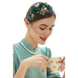BABEYOND Veil Fascinator Hat for Women Tea Party Fascinator Hat Pillbox Hat Feather Fascinator with Pearl (DarkGreen)