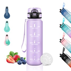 Children's Water Bottle, 500 ml, Leak-Proof Drinking Bottle with Filter, Water Bottle with Time Marking, Can Be Carried, Water Bottle for School, Office, Travel, Camping, Running, Purple