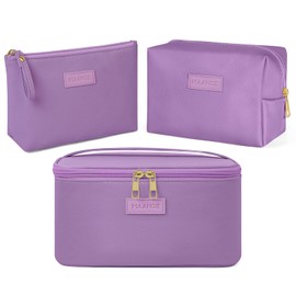 MAANGE MAANGE Makeup Bag Waterproof Travel Cosmetic Bag PU Leather Cosmetic Pouch Portable Makeup Organizer Bag Large Capacity Toiletry Bag Multifunctional Storage Make Up Bag for Women (Purple, 3Pcs)