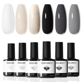 Modelones Color Gel Nail Set 6 Colors Black Milky White Neutral Nude Grey Glitter Soak Off Home DIY Nail Salon Nail Art Gift Nail Kit