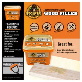Gorilla All Purpose Wood Filler, Natural Finish, 16 Ounce Tub (Pack of 1) - Water Resistant for Indoor or Outdoor Projects and Repairs