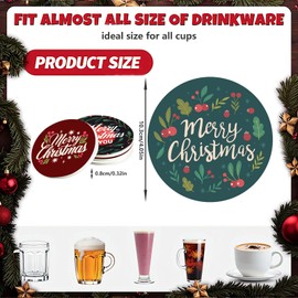 MAYCARI Christmas Coasters Set of 6 Merry Christmas Words Cork Backed Board Coasters with Metal Holder Xmas Ceramic Surface Drink Cup Mats for Tabletop Protection Desk Decoration