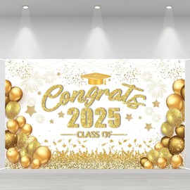 Graduation Decorations 2025, Large Gold and White Graduation Banner for Party Supplies, Congratulations Backdrop Grad Party Class of 2025 for Kindergarten High School College -70.8x43.3 Inch.