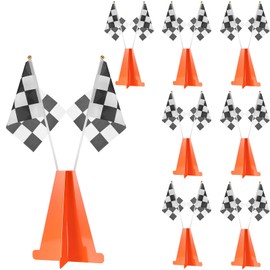 Affrolling Racing Car Party Decorations Include 6 Orange Traffic Cones and 12 Checkered Flags Mini Black and White 7 Inch Cardboard Cones for Race Car Theme Birthday Party Decorations
