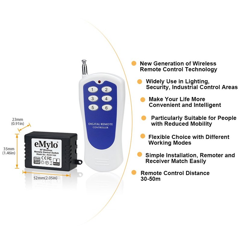 eMylo AC 220V-230V-240V 1000W 6 x 1 Channel 433MHZ RF