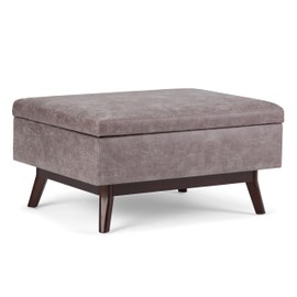 SIMPLIHOME Owen Coffee Table Storage Ottoman - 34 inch Wide Upholstered Vegan Leather Rectangular Lift-Top Ottoman in Distressed Grey Taupe, Mid-Century Modern Bench for Living Room with Tapered Legs