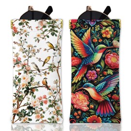 GLOBLELAND 2Pcs Vintage Flowers and Birds Soft Glasses Case for Adult Colorful Animals and Plants Travel PU Leather Glasses Bag Portable Squeeze Top Eyeglass Case Pouch for Men Women Watches Phones
