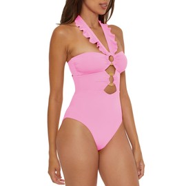 Soluna Swim Buckle Up - Women's One Piece Bandeau Swimsuit with Cut Out Neckline, Gold Rings and Removable Cups, Bathing Suits for Women, Rosy, Small