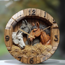 12-Inch Silent Glass Wall Clock, Rustic Horse Hay Bale Wall Clock 2D Horse Head Design ” Silent Non-Ticking Clock, Battery Operated (AA Batteries Not Included), Artistic Home Decor