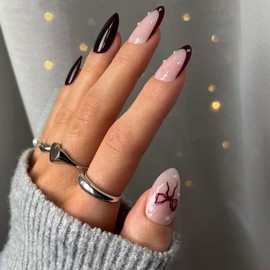 Ombre Red Press on Nails Short Almond Fake Nails with Pearl Bow Charm Design False Nails Glossy Summer Glue on Nails Reusable Full Cover Handmade Stick on Nails for Women Manicure 24PCS