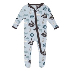 KicKee Print Footie with Zipper, Fitted Long Sleeve Pajamas, Ultra Soft Everyday One-Piece Loungewear, Baby and Kid Clothes for Boys and Girls (Illusion Blue Pirate Adventure - 0-3 Months)