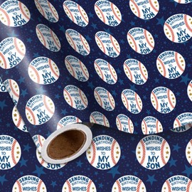 LeZakaa Baseball Birthday Wrapping Paper Roll for Son, Baseball, Blue Stars, Sending Birthday Wishes to My Son Gift Wrap for Son's Birthday of All Ages, for Boys, Men, Mini Roll, 17inches x 16.4Feet