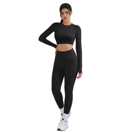 SUUKSESS Women 2 Piece Open Back Seamless Workout Sets Scrunch Butt Gym Leggings Built in Bra Crop Yoga Top (Black,M)