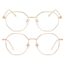 JOVAKIT Polygon Blue Light Blocking Glasses for Women Men Vintage Octagon Square Non-prescription Metal Eyeglasses (Gold+Rose Gold)