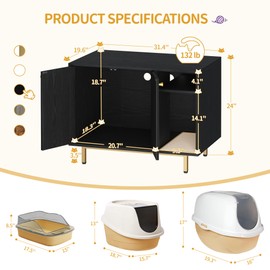 Hzuaneri Cat Litter Box Enclosure Enclosed, Hidden Litter Box Cabinet Furniture with Storage, Wooden Indoor Cat House Large, Modern End Table for Living Room Entryway, White and Gold 01503GCLB