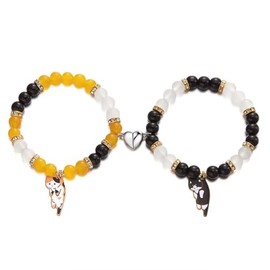 Azusa Sun 2 Pcs Couple Friendship Bracelets for Women Men Kawaii Cute Cartoon Cat Animal Charm Heart Matching Bracelets Colorful Glass Beaded Bracelet Y2k Gifts Jewelry-Black Yellow