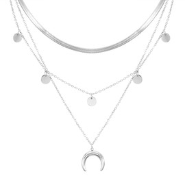 JJDreams Ladies Layered Chain Crescent Pendant Necklace with Pendant Coin Necklace for Ladies Boho Chain Ladies Adjustable Collarbone Necklace,Silver