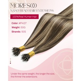 Moresoo Nano Bead Hair Extensions Human Hair Dark Brown with Caramel Blonde Highlight Straight Nano Ring Hair Extensions Real Human Hair for Women 50G/50S 22Inch