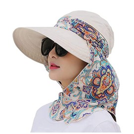 AWOCAN Outdoor 2-in-1 Wide Brim Sun Visor Hat with Detachable Neck Protector Hood and Neck Protector Scarf Anti-UV Summer Beach Hat (Beige)
