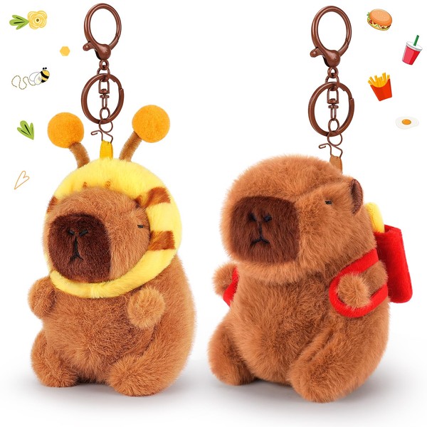 Capybara Plush Keychains With Bee Hat Furry Cute Plush Keychain