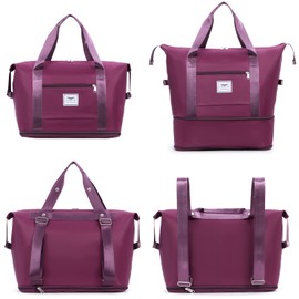 FIORETTO Womens Expandable Gym Tote Bag Duffle Bag with Wet Pocket, Travel Bag Weekend Overnight Bags with Double Shoulder Strap, Water-Resistant Carry On Bag Hospital Holdalls for Women Dark Purple