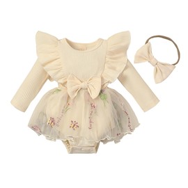 M9ppzzur7 Infant Baby Girl Rompers Dresses Long Sleeve Rib Knit Patchwork Tutu Princess Rompers Dress with Headband Toddler Girl Newborn Christmas Clothes (L# Beige, 3-6 Months)