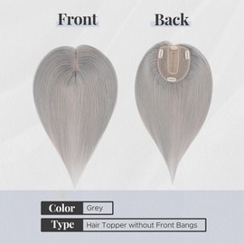 SEGOHAIR Human Hair Topper for Women with Thinning Hair, 4 Clips, Silk Base 3.94x4.72, No Front Bangs, 10 Inches Lengths, Grey Color, Achieve a Fuller, More Youthful Appearance