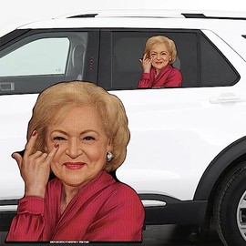 12" Perforated Ride-A-Long See-Thru Window Decal attaches to Rear Side car Window. Made in USA. (Betty White)