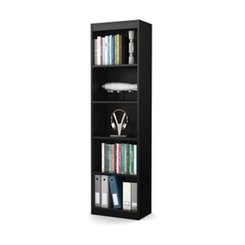 Maykoosh Tuscan Treats 5-Shelf Narrow Bookcase - 11.5" D x 19" W x 68.75" H, Pure Black Finish, Engineered Wood Laminated Wood Finish, Floor Mountable