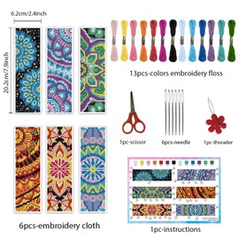 INFUNLY 6PCS Mandala Cross Stitch Bookmark Kits 8''x2.4'' Floral Fabric Bookmark Making Kit DIY Stamped Embroidery Bookmarks for Beginners with Instruction for Book Lovers Reader Writers Gift
