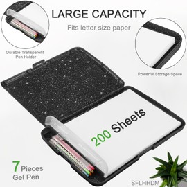 Glitter Clipboard with Storage, A4 Binder Clip Boards 8.5x11 with Pen Holder, Storage Clipboard with Low Profile Clip, Side Opening Sparkle Clipboards, Clipboard Folder for Office Supplies (Black)