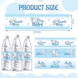 Gersoniel 39 Pcs Elephant Baby Shower Water Bottle Labels Waterproof Water Bottle Wrappers Water Bottle Stickers Baby Shower Bottle Wraps Decorations for Baby Shower Birthday Party Supplies(Blue)
