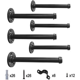 Industrial Black Iron Pipe Shelf Brackets –12 Inch Set of 6, Heavy Duty Rustic Floating Shelf Bracket, Clothing Rack, Coated Finish, Hardware Included