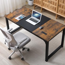 SURMIO Computer Desk, 63 x 31.5 Inch Large Home Office Desks Computer Table with USB Ports, Morden Study Writing Desk Workstation for Home Office, Vintage + Black