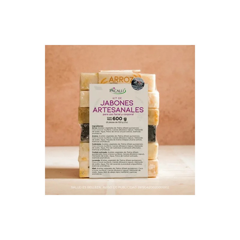 PACALLI Jabones Artesanales 6 Pack; Arroz, Avena, Caléndula, Carbón Activado,
