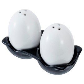MyGift Farmhouse Novelty Egg Shaped Ceramic Salt and Pepper Shaker Set, Cute Mini White Eggs Spice Dispenser Duo with Chic Black Carton Design Holder Dish