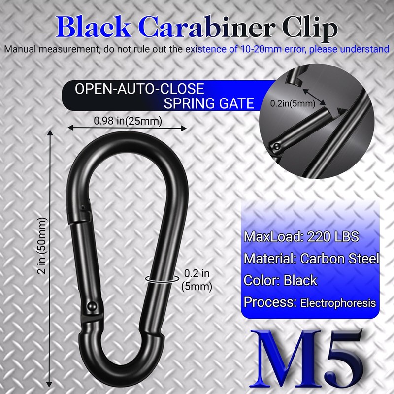 50 Pack 2" Heavy Duty Carabiner Clips, M5 Black Galvanized