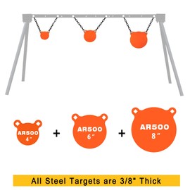 AIMAX OUTDOOR AR500 Steel Targets Combo with Metal Chains, 3/8” Thick Metal Gong Targets for Outdoor Range and Shooting Practice, Neon Orange Color (C-3/8 AR500 Steel 4" & 6" & 8")