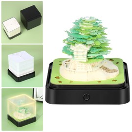 Desk Calendar with Lights, 3D Calendar Tear Off 2025, 3D Memo Pad Paper Art Sakura Tree, Creative Notepad Paper Carving Gift Home Desktop Decoration (Green)