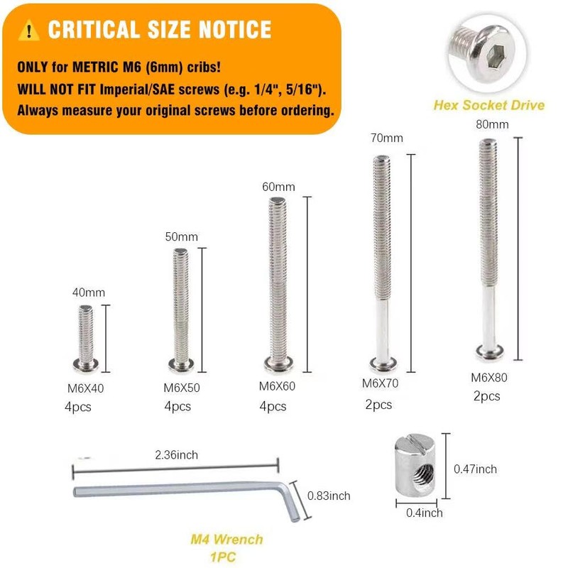 Crib Screws Hardware Replacement Kit - M6x40/50/60/70/80 mm Hex Drive