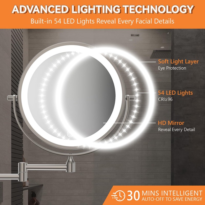 Auxmir 8'' Wall Mounted Lighted Makeup Mirror, 3200mAh Rechargeable Double-Sided