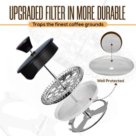 KICHLY 34 Ounce French Press Espresso and Tea Maker with Triple Filters, Stainless Steel Plunger and Heat Resistant Borosilicate Glass - Black