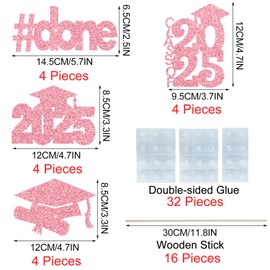 CAVLA 16 Pieces Rose Gold Glitter 2025 Graduation Party Centerpiece Sticks Class of 2025 Done Graduation Cap Diploma Table Toppers 2025 High School College Congrats Grad Grad Party Decoration
