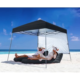 ABCCANOPY Outdoor Pop Up Canopy 10x10 Beach Camping Canopy with 1 Sun Wall, Bonus Backpack Bag, Stakes and Ropes, Black