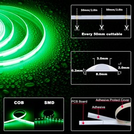 TOPAI 24 V COB LED Strip Green Waterproof IP65 5 m 480 LEDs/M High Density 3000 lm Flexible Cuttable LED Strip for Indoor Outdoor Use Home Kitchen Decoration